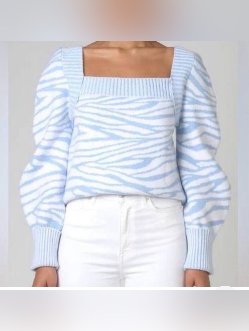 Cistar New York Zoe Square Neck Zebra Print Sweater Light Blue White Size